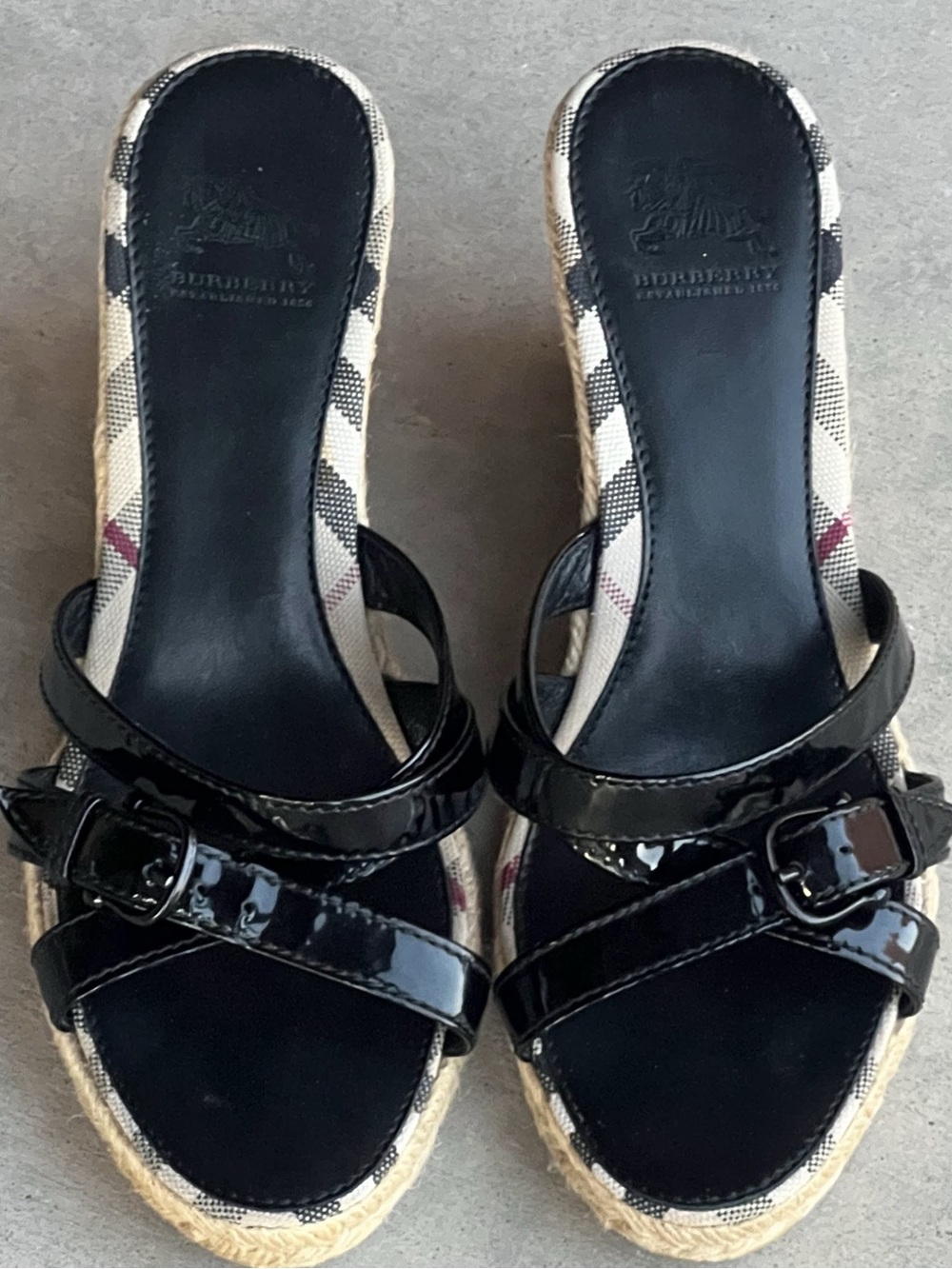 Burberry Black Patent Leather Plaid Espadrille Wedge Mules size 38 (7.5 US)